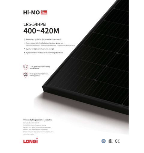 LR5-54HPB-410M- 410W (Full Black) LONGI Solar